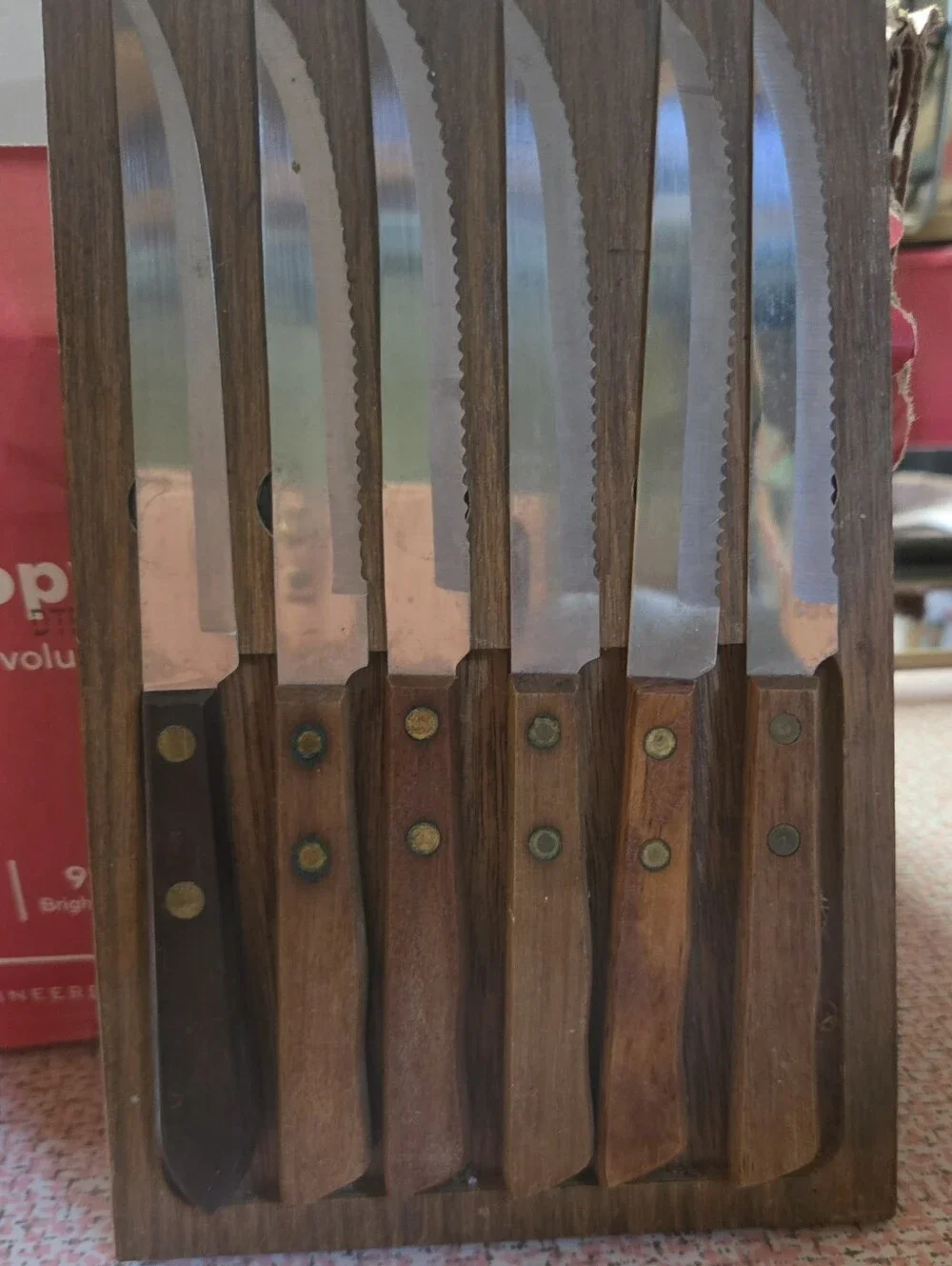Retro 70s Stainless Steel Serrated Steak Knives Set of 6 W/ Magnetic Block